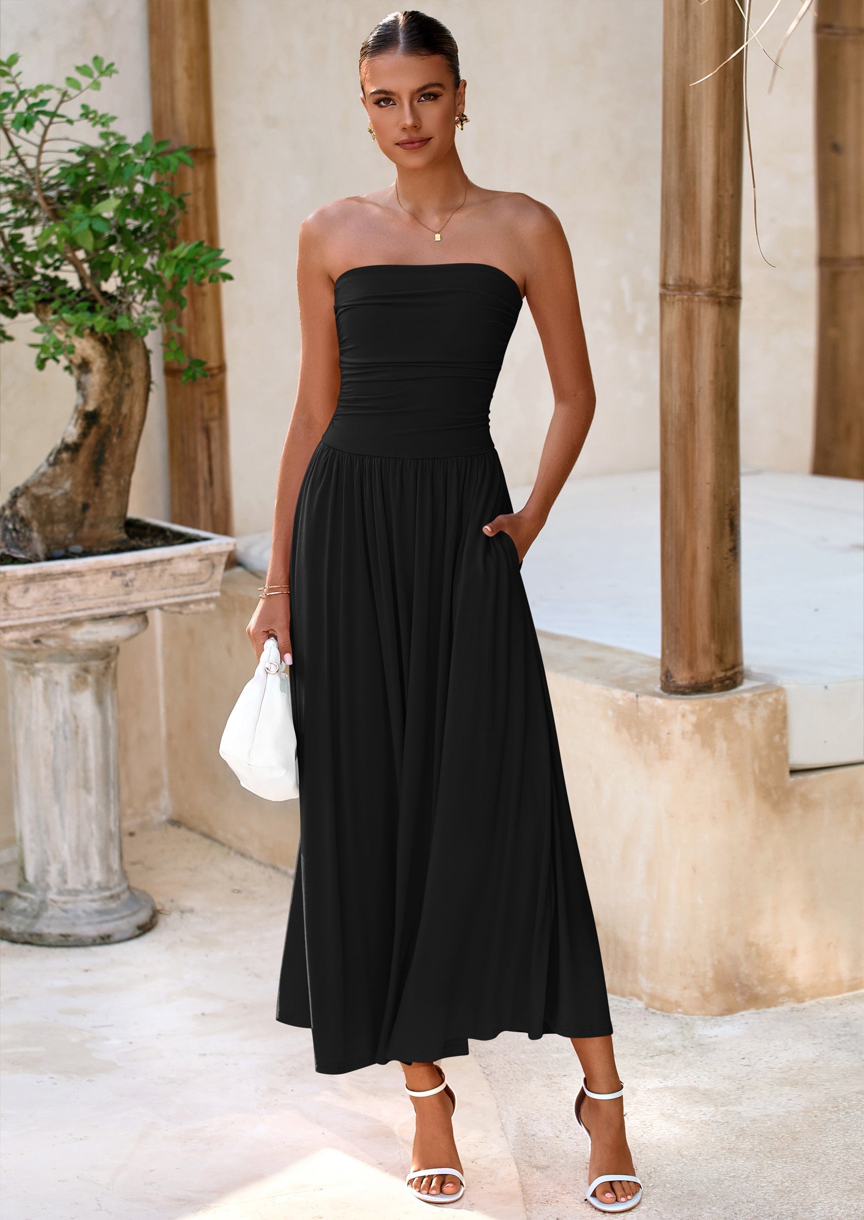 BTFBM Summer Maxi Dresses for Women Strapless Ruched Tube Top Beach Vacation Spring Wedding Guest Dress Pockets