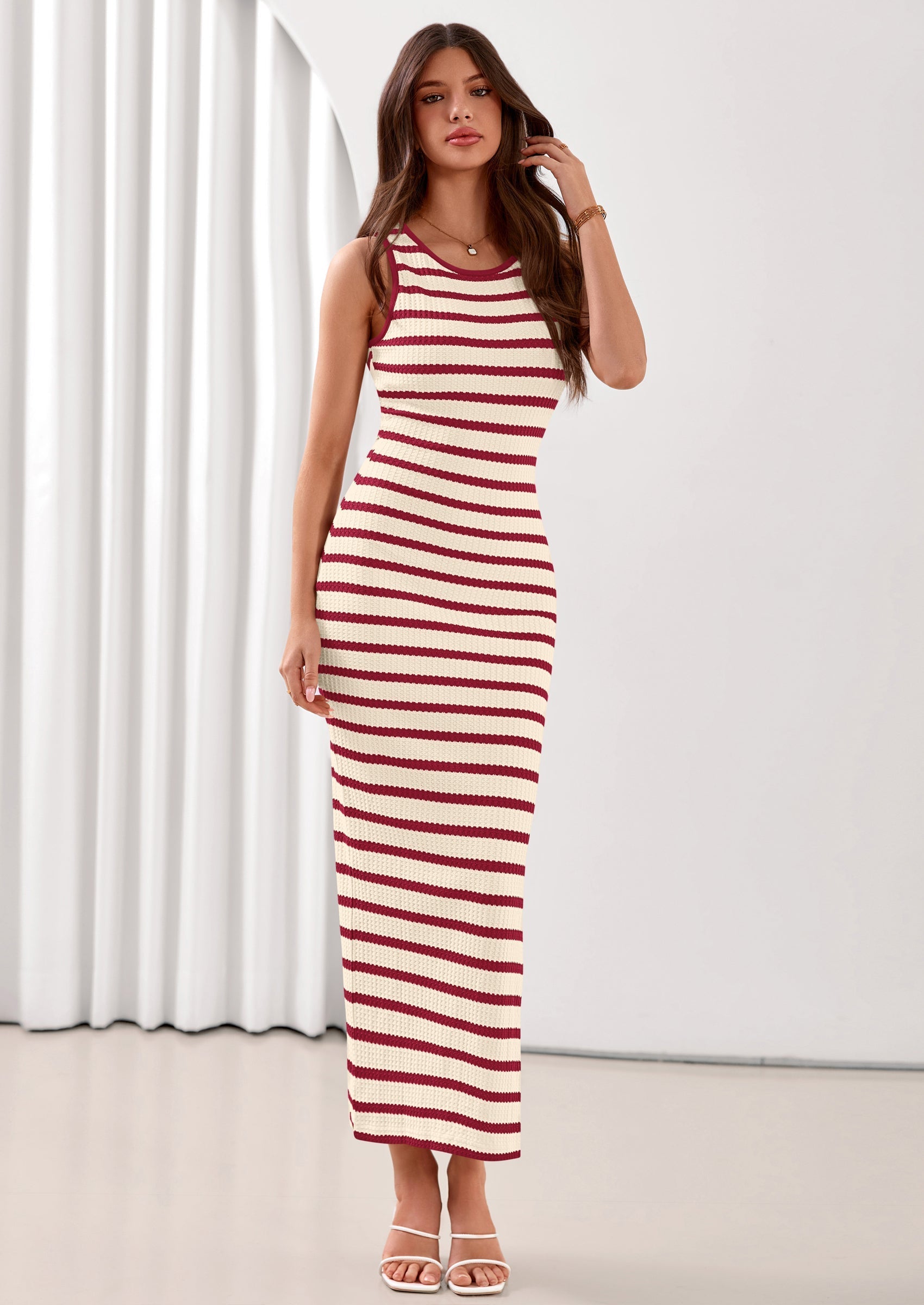 PRETTYGARDEN Sundresses for Women Summer Striped Knit Side Slit Spring Fashion Bodycon Maxi Dress Beach Vacation Clothes