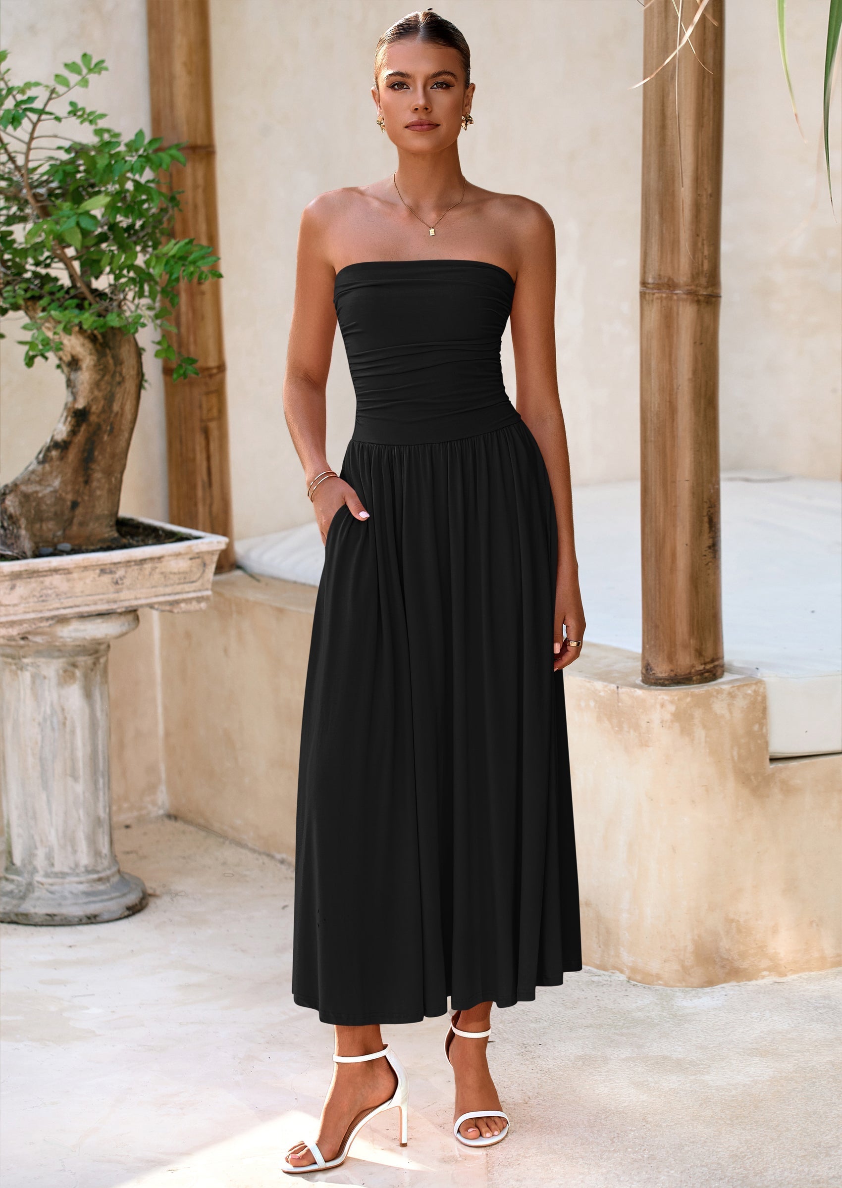 BTFBM Summer Maxi Dresses for Women Strapless Ruched Tube Top Beach Vacation Spring Wedding Guest Dress Pockets