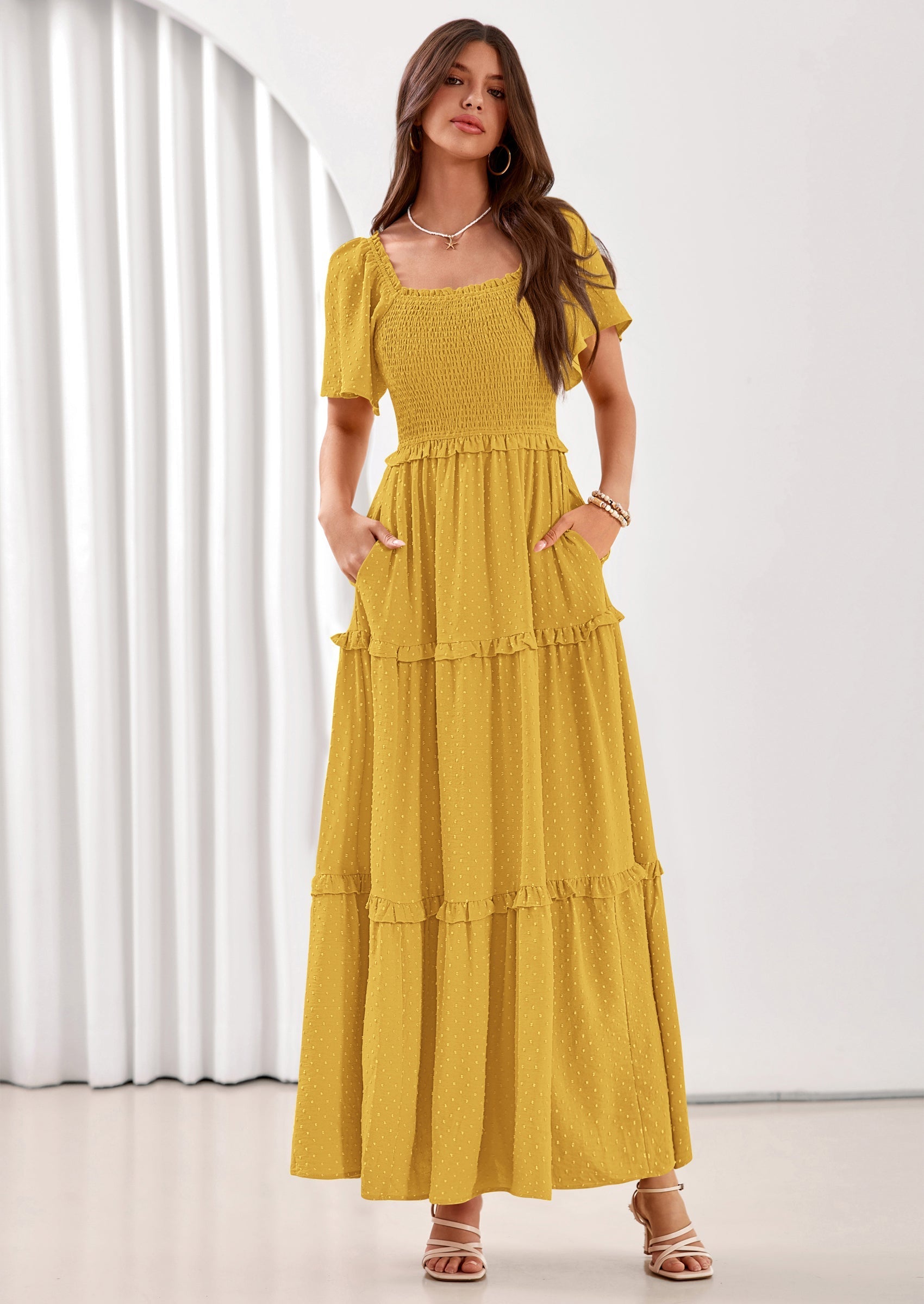 PRETTYGARDEN Summer Dresses for Women Boho Swiss Dot Smocked Square Neck Short Sleeve Spring Wedding Guest Maxi Dress