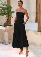 BTFBM Summer Maxi Dresses for Women Strapless Ruched Tube Top Beach Vacation Spring Wedding Guest Dress Pockets