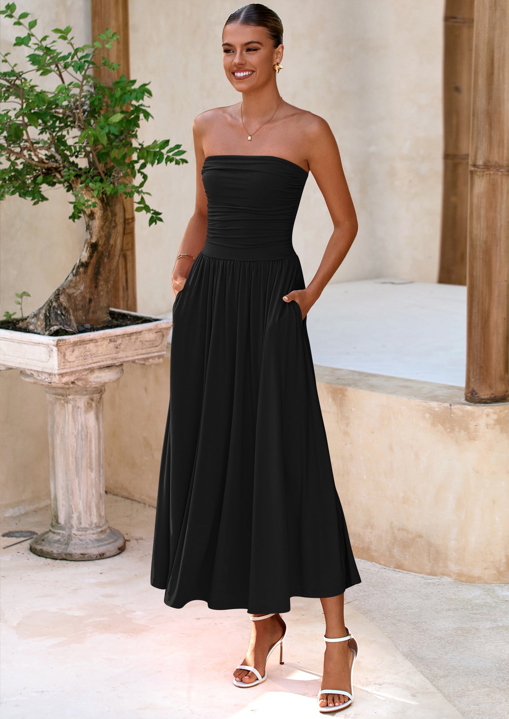 BTFBM Summer Maxi Dresses for Women Strapless Ruched Tube Top Beach Vacation Spring Wedding Guest Dress Pockets