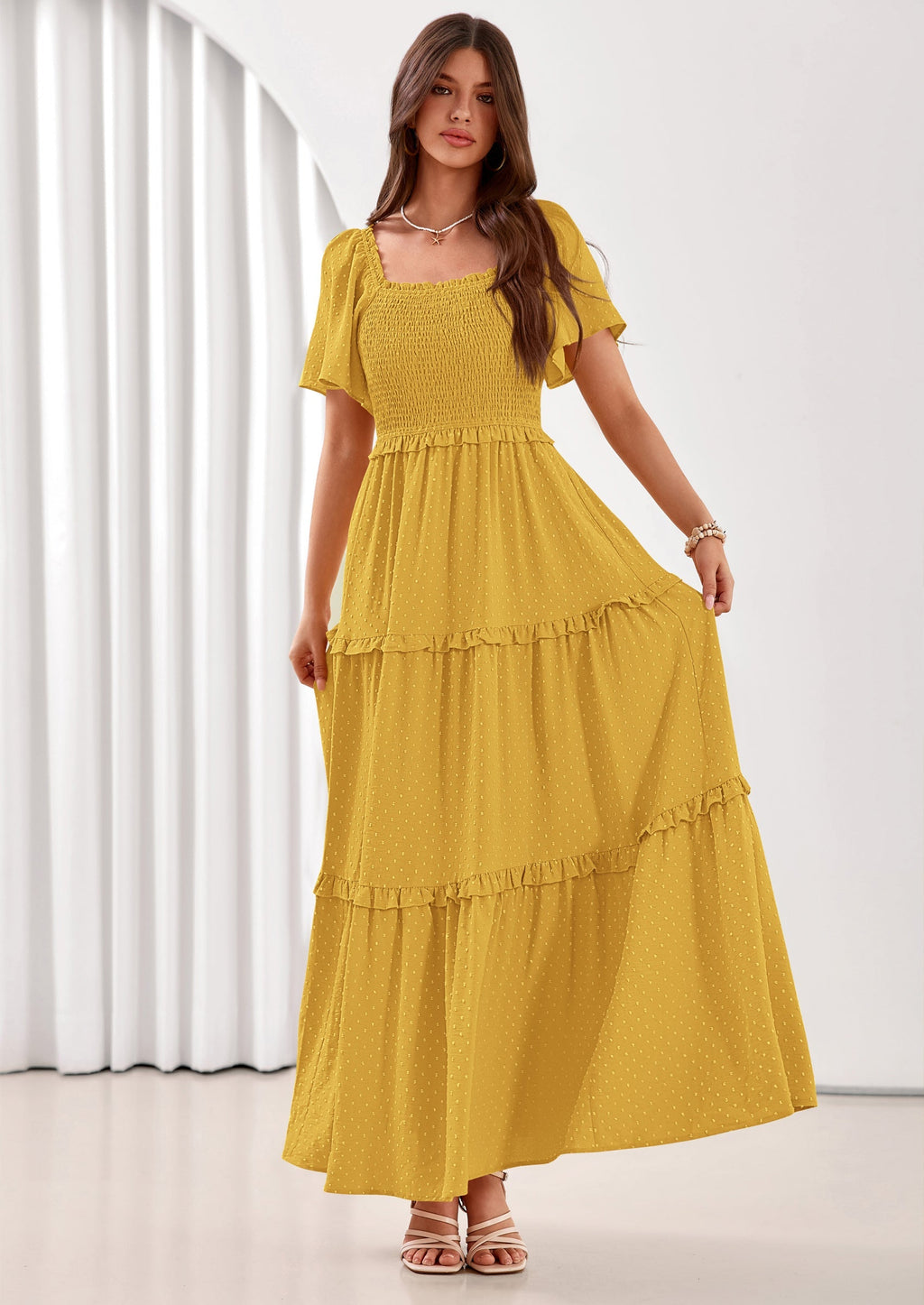 PRETTYGARDEN Summer Dresses for Women Boho Swiss Dot Smocked Square Neck Short Sleeve Spring Wedding Guest Maxi Dress