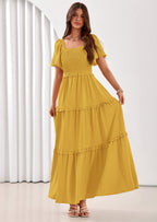 PRETTYGARDEN Summer Dresses for Women Boho Swiss Dot Smocked Square Neck Short Sleeve Spring Wedding Guest Maxi Dress