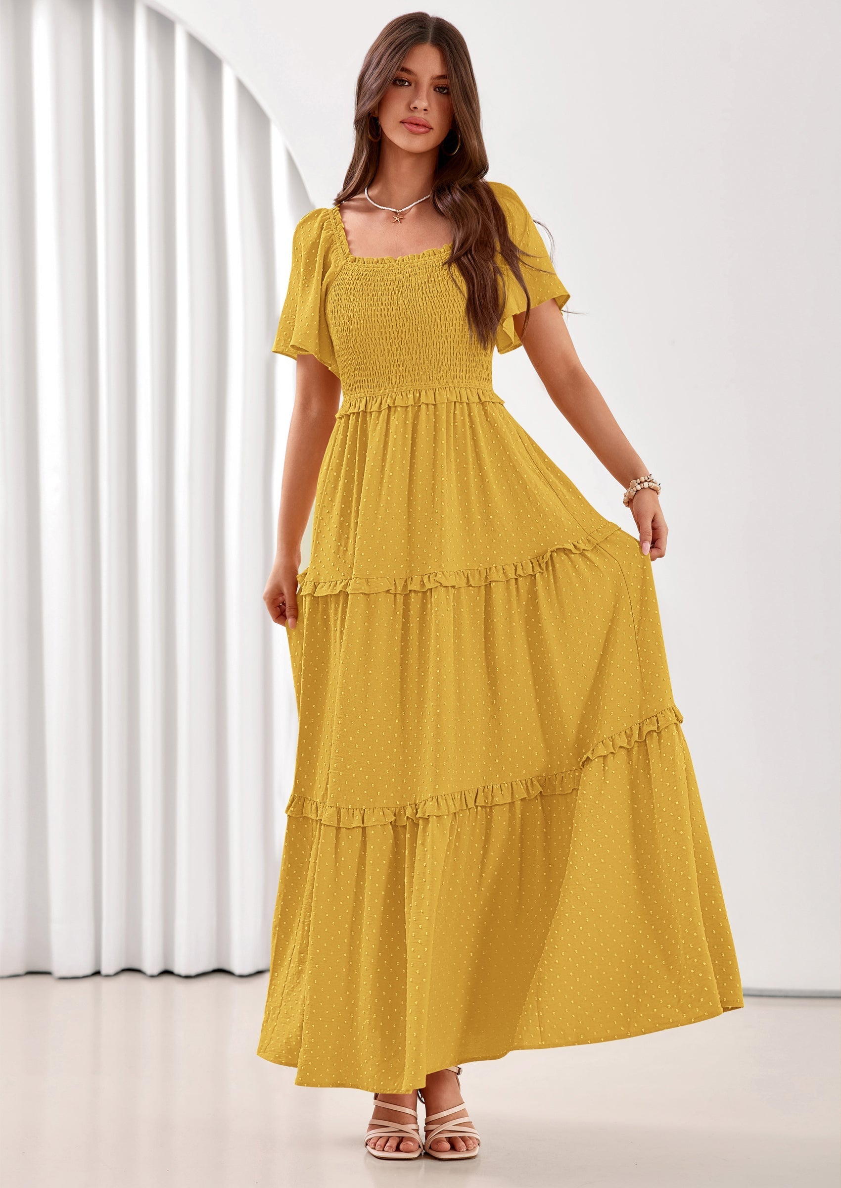 PRETTYGARDEN Summer Dresses for Women Boho Swiss Dot Smocked Square Neck Short Sleeve Spring Wedding Guest Maxi Dress