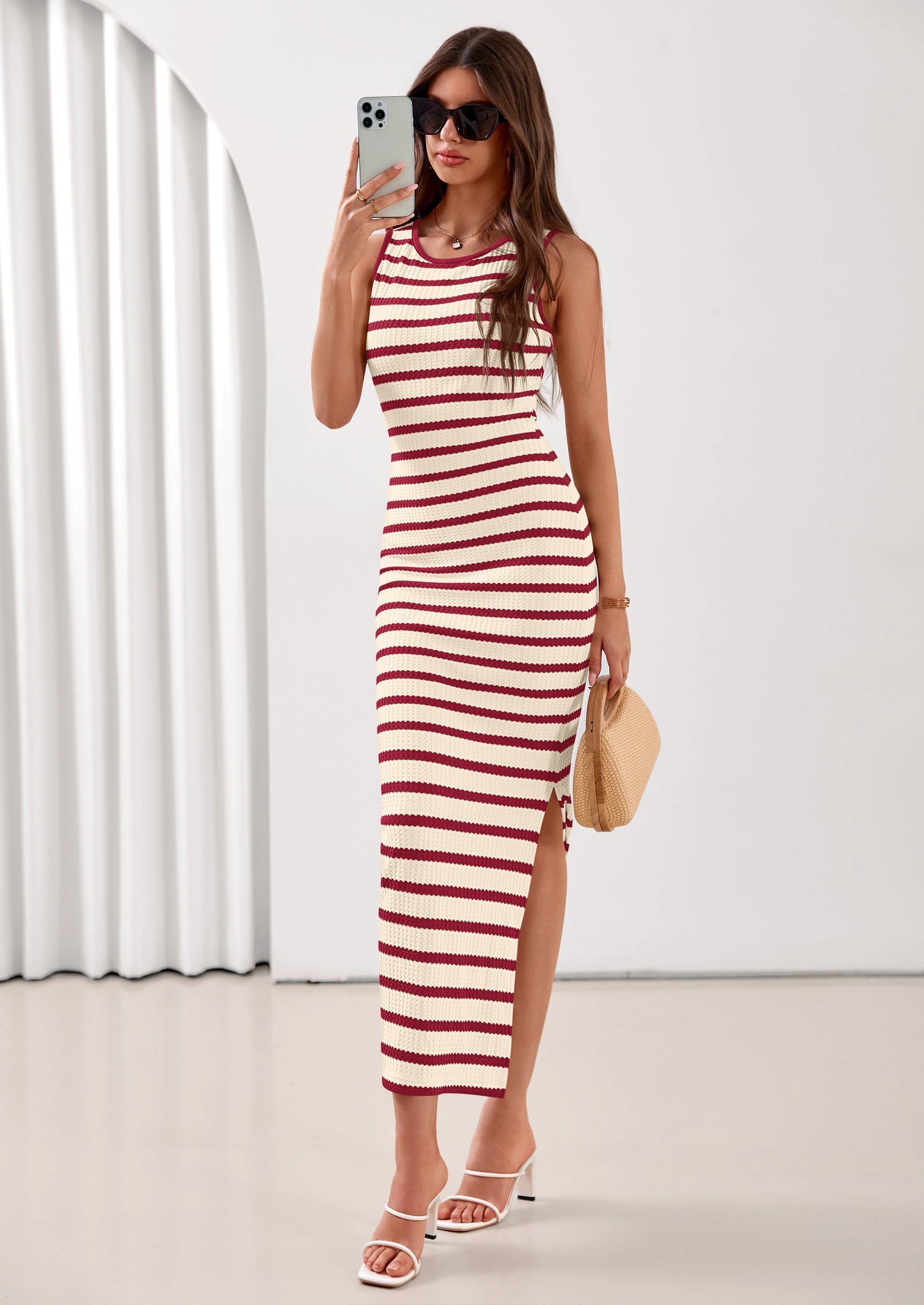 PRETTYGARDEN Sundresses for Women Summer Striped Knit Side Slit Spring Fashion Bodycon Maxi Dress Beach Vacation Clothes