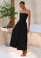 BTFBM Summer Maxi Dresses for Women Strapless Ruched Tube Top Beach Vacation Spring Wedding Guest Dress Pockets