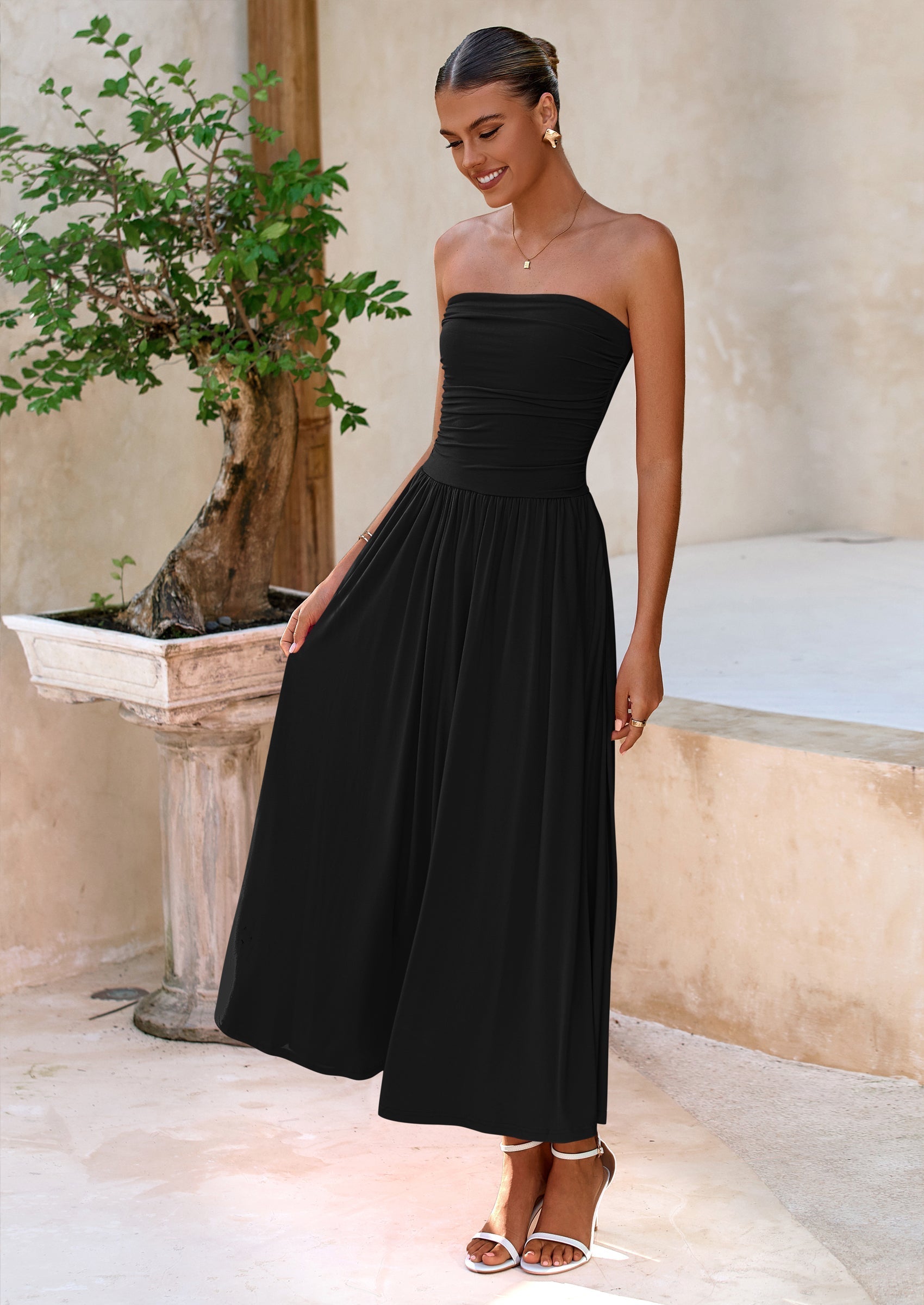 BTFBM Summer Maxi Dresses for Women Strapless Ruched Tube Top Beach Vacation Spring Wedding Guest Dress Pockets