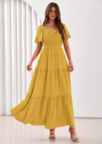 PRETTYGARDEN Summer Dresses for Women Boho Swiss Dot Smocked Square Neck Short Sleeve Spring Wedding Guest Maxi Dress