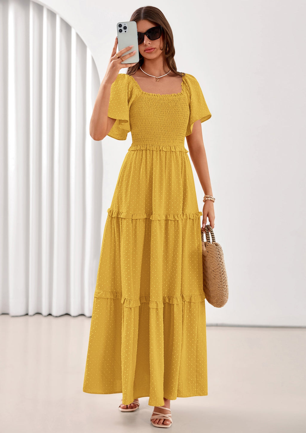 PRETTYGARDEN Summer Dresses for Women Boho Swiss Dot Smocked Square Neck Short Sleeve Spring Wedding Guest Maxi Dress