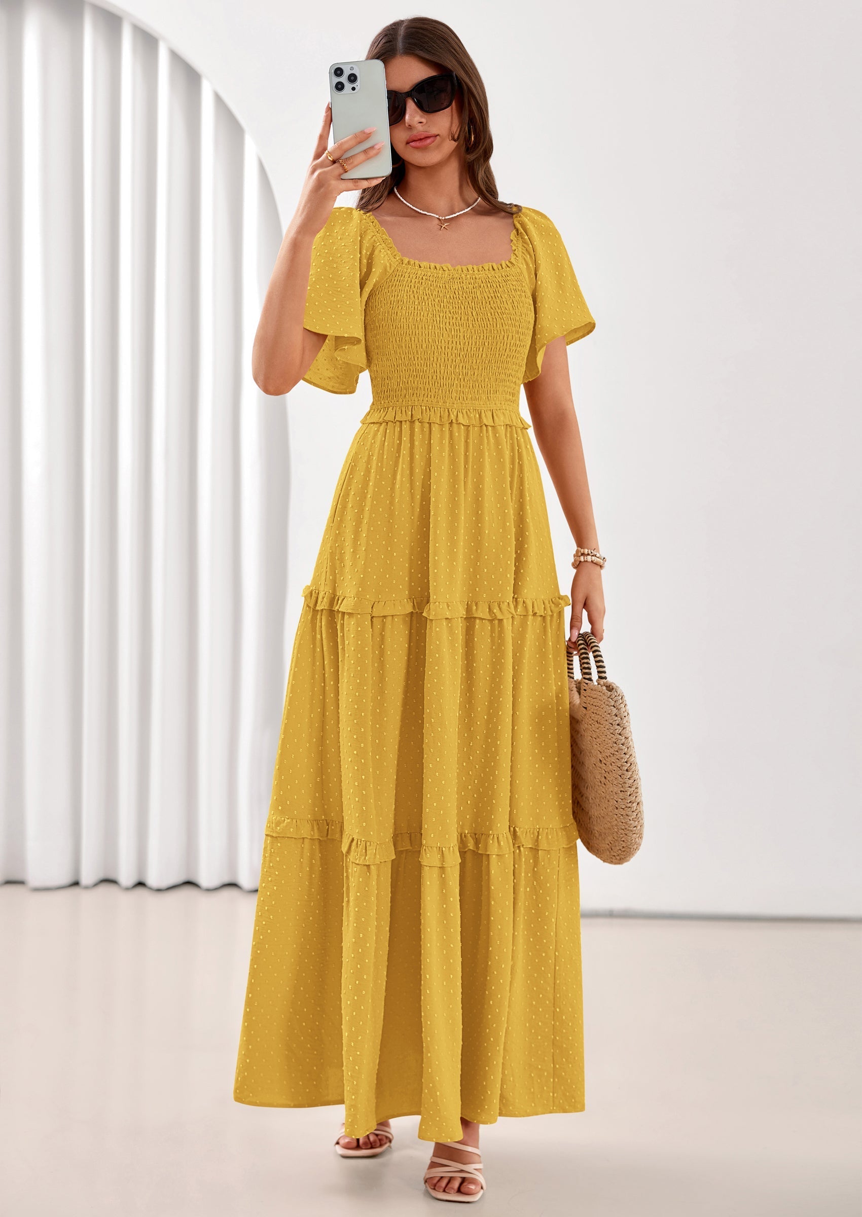 PRETTYGARDEN Summer Dresses for Women Boho Swiss Dot Smocked Square Neck Short Sleeve Spring Wedding Guest Maxi Dress