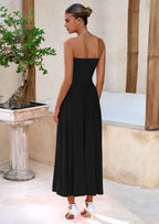 BTFBM Summer Maxi Dresses for Women Strapless Ruched Tube Top Beach Vacation Spring Wedding Guest Dress Pockets