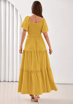 PRETTYGARDEN Summer Dresses for Women Boho Swiss Dot Smocked Square Neck Short Sleeve Spring Wedding Guest Maxi Dress
