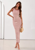 PRETTYGARDEN Sundresses for Women Summer Striped Knit Side Slit Spring Fashion Bodycon Maxi Dress Beach Vacation Clothes