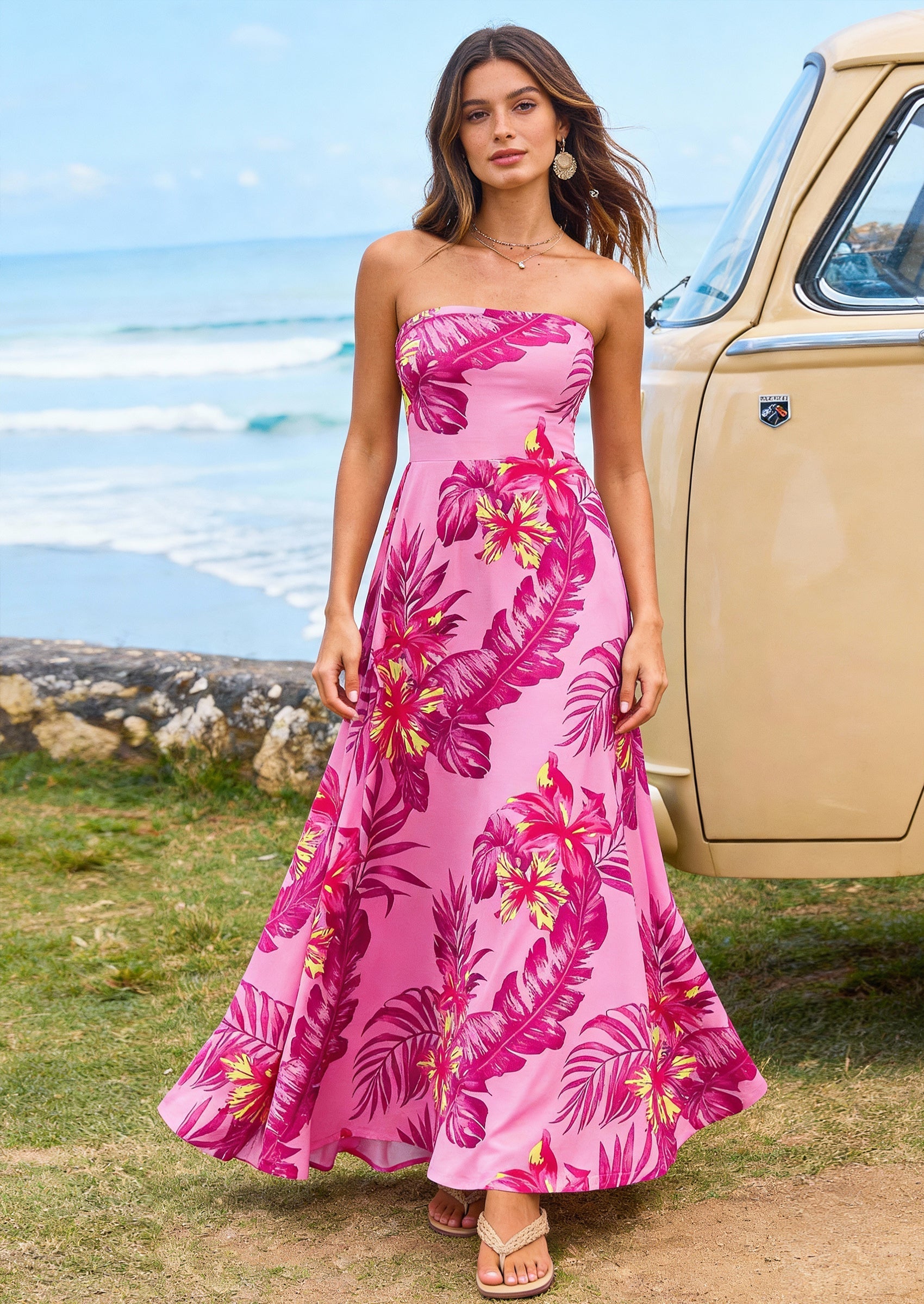 PRETTYGARDEN Sleeveless Floral Summer Maxi Dresses for Women Tube Top Flowy Long Dress Tropical Beach Vacation Clothes