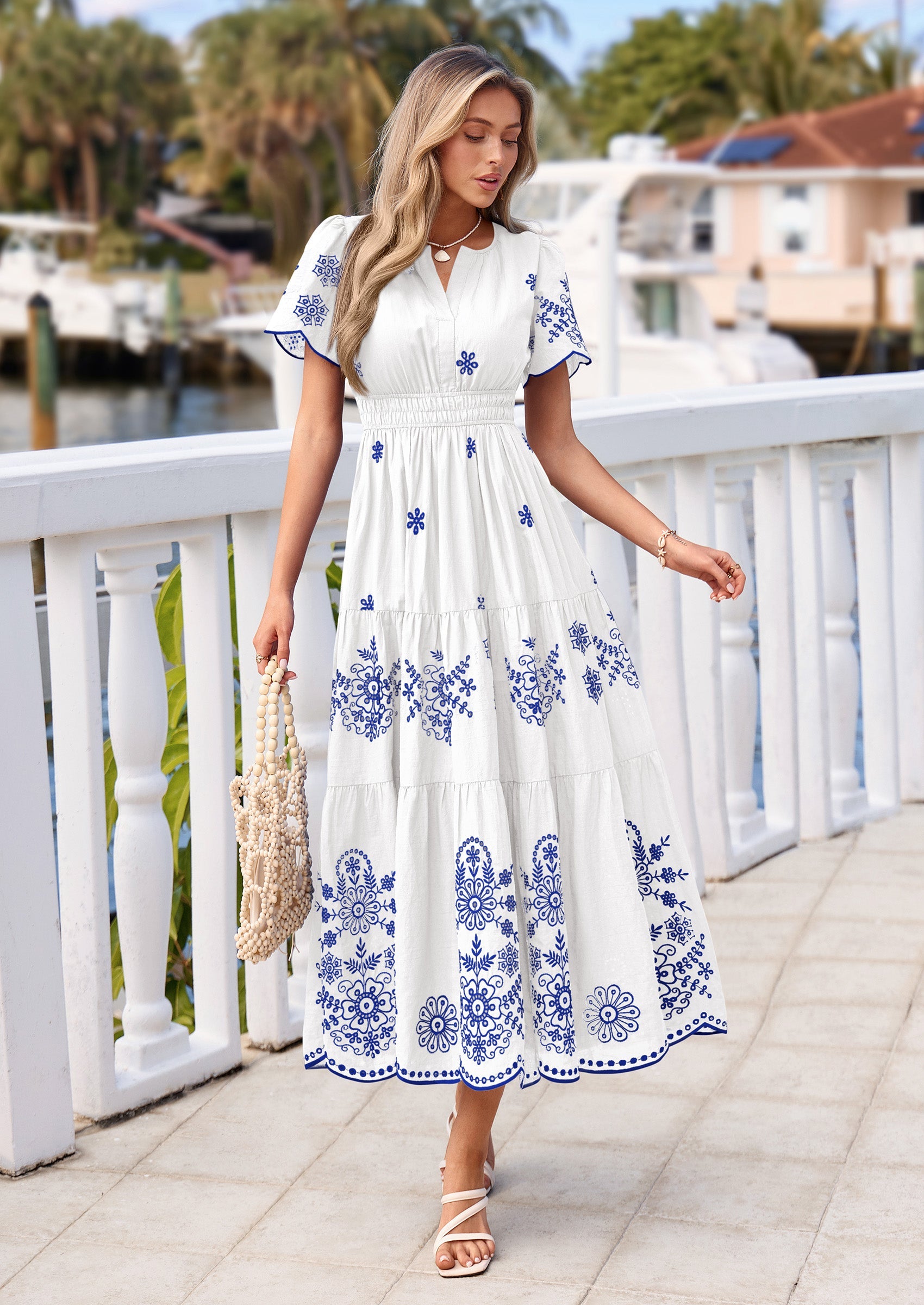 PRETTYGARDEN Boho Dresses for Women Summer Spring Casual Floral Short Sleeve V Neck Maxi Elastic Waist Dress Pockets