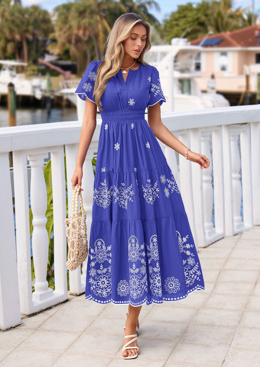 PRETTYGARDEN Boho Dresses for Women Summer Spring Casual Floral Short Sleeve V Neck Maxi Elastic Waist Dress Pockets