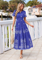 PRETTYGARDEN Boho Dresses for Women Summer Spring Casual Floral Short Sleeve V Neck Maxi Elastic Waist Dress Pockets