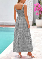PRETTYGARDEN Women's Summer Spaghetti Strap Maxi Dresses Plaid Square Neck A Line Casual Beach Vacation Long Sundress