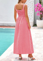 PRETTYGARDEN Women's Summer Spaghetti Strap Maxi Dresses Plaid Square Neck A Line Casual Beach Vacation Long Sundress