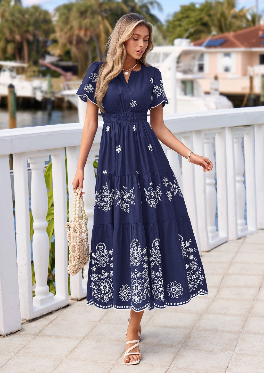 PRETTYGARDEN Boho Dresses for Women Summer Spring Casual Floral Short Sleeve V Neck Maxi Elastic Waist Dress Pockets