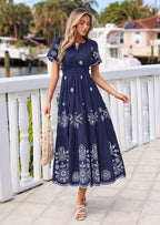 PRETTYGARDEN Boho Dresses for Women Summer Spring Casual Floral Short Sleeve V Neck Maxi Elastic Waist Dress Pockets
