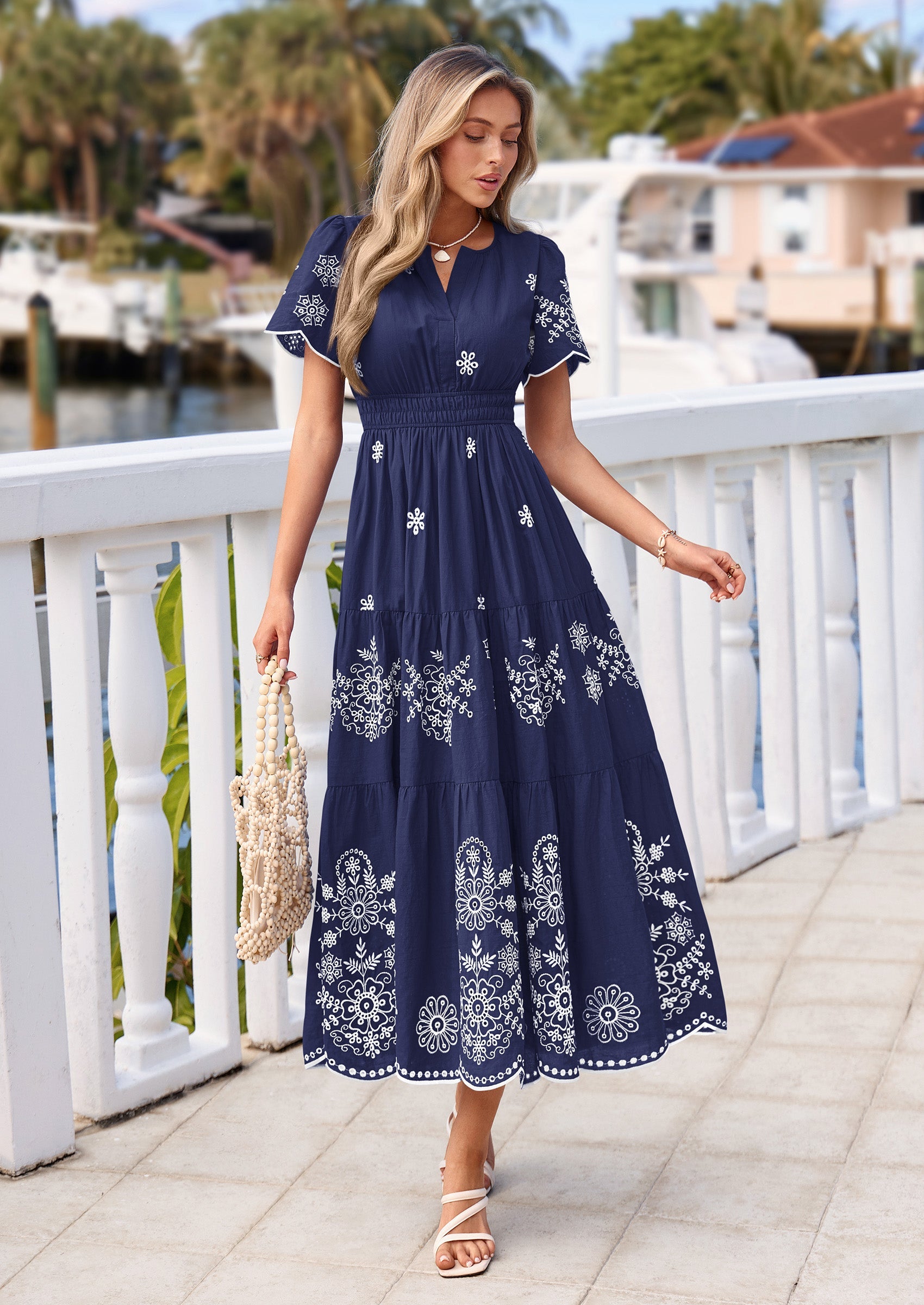 PRETTYGARDEN Boho Dresses for Women Summer Spring Casual Floral Short Sleeve V Neck Maxi Elastic Waist Dress Pockets