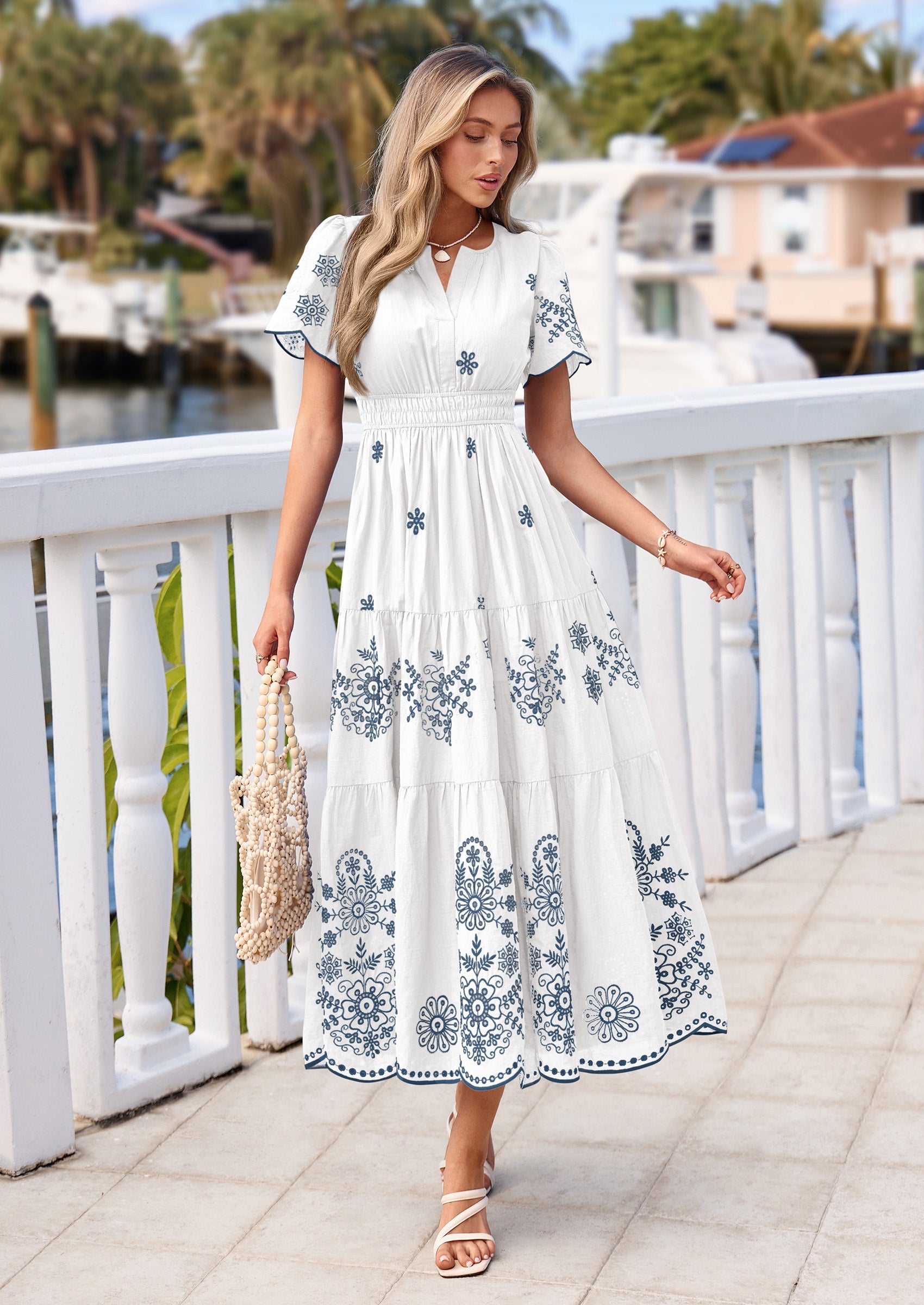PRETTYGARDEN Boho Dresses for Women Summer Spring Casual Floral Short Sleeve V Neck Maxi Elastic Waist Dress Pockets