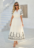 PRETTYGARDEN Women's Summer Boho Maxi Dress Spring Floral Short Sleeve V Neck A Line Flowy Beach Wedding Guest Dresses
