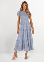 PRETTYGARDEN Midi Dress for Women Summer Floral Cap Sleeve Smocked Ruffle A Line Long Flowy Wedding Guest Dresses