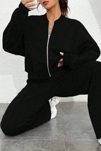 Zipper Long Sleeve Track Jacket Solid Color Wide Leg Pants Set-Black