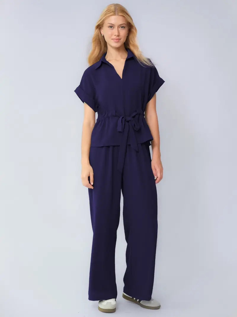 Two-Piece Set Women's Solid Versatile Minimalist Collared Top & Wide Leg Trousers
