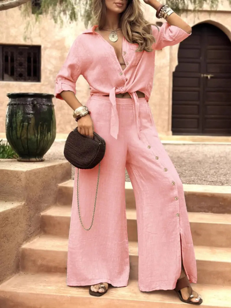 Women's Long Sleeve Loose Fit Shirt Set with Tie Hem, Single Button Decorated Wide Leg Pants, Casual All Season Outfit