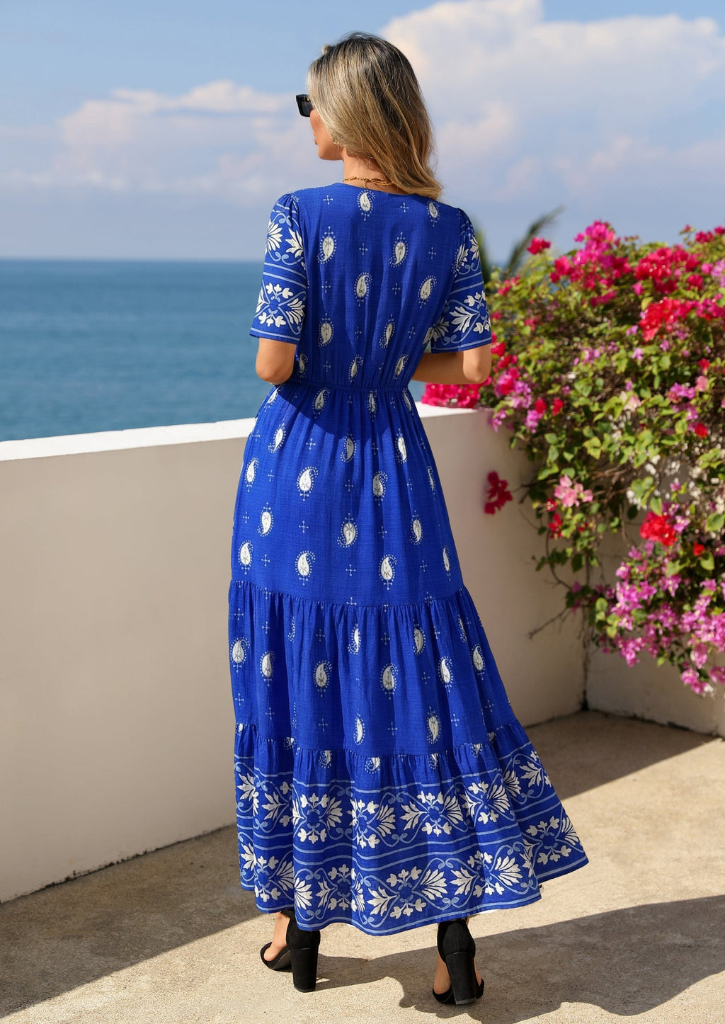 PRETTYGARDEN Womens Summer Boho Maxi Dress Trendy Short Sleeve V Neck Flowy Beach Floral Dresses with Pockets