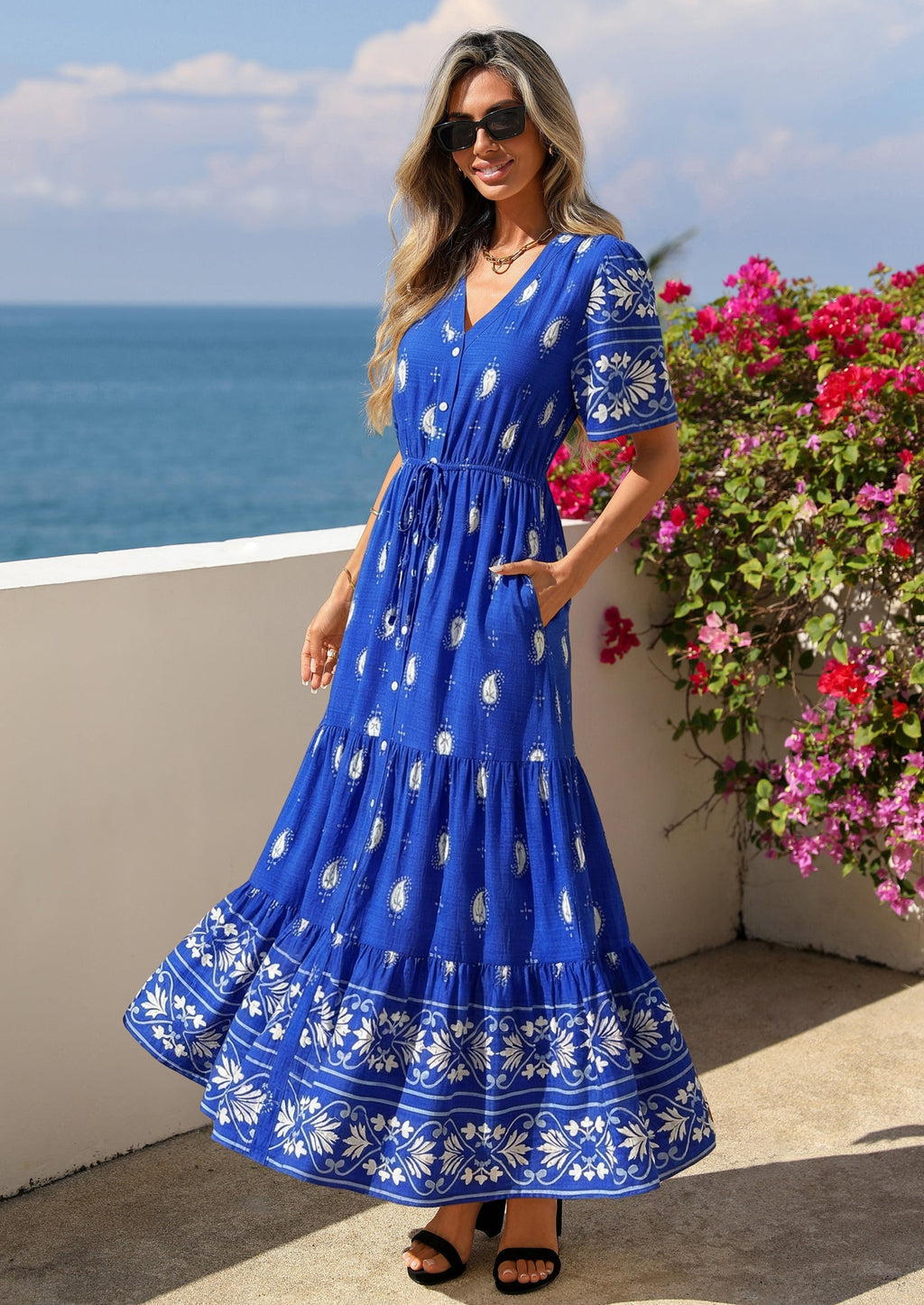 PRETTYGARDEN Womens Summer Boho Maxi Dress Trendy Short Sleeve V Neck Flowy Beach Floral Dresses with Pockets
