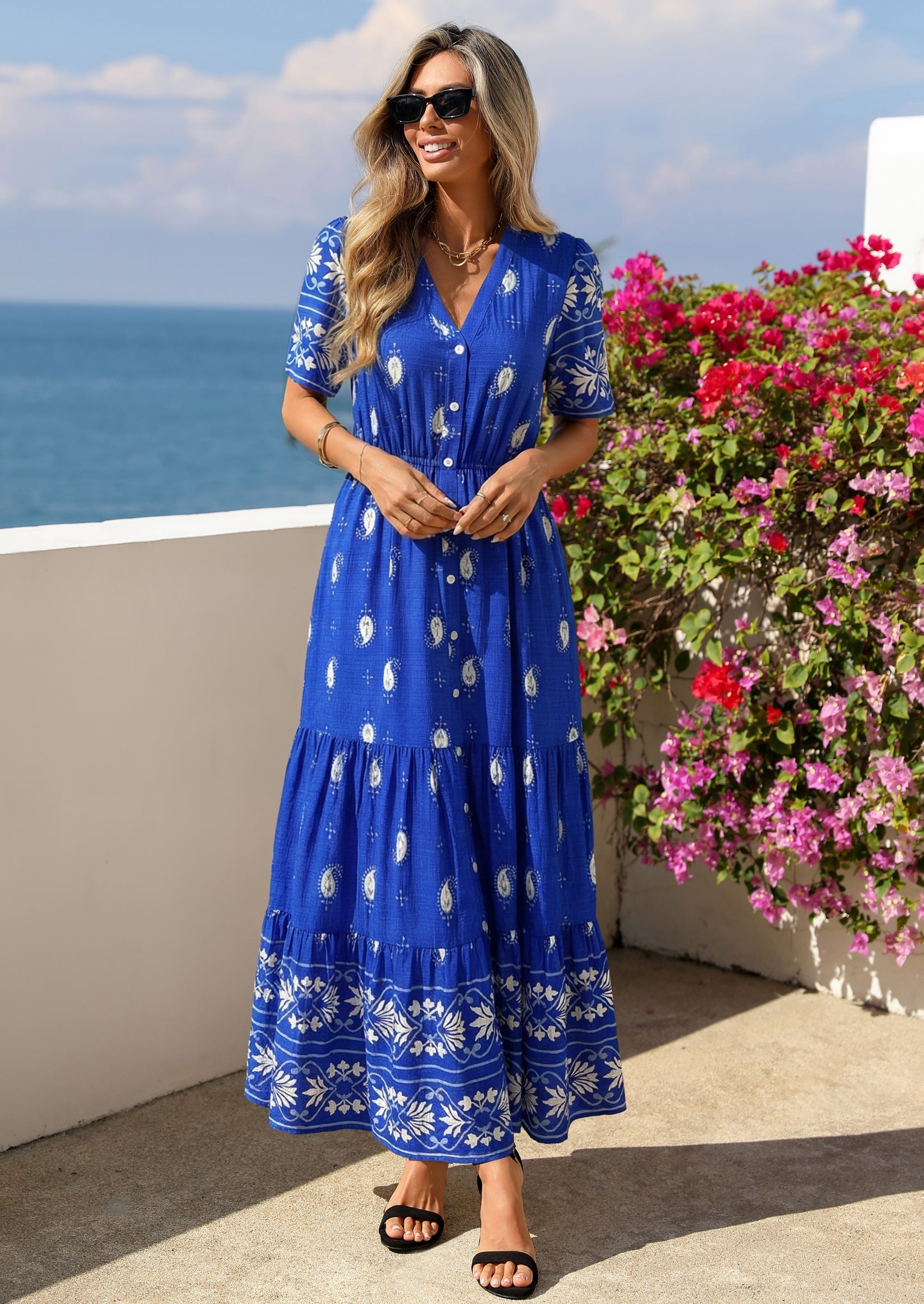 PRETTYGARDEN Womens Summer Boho Maxi Dress Trendy Short Sleeve V Neck Flowy Beach Floral Dresses with Pockets