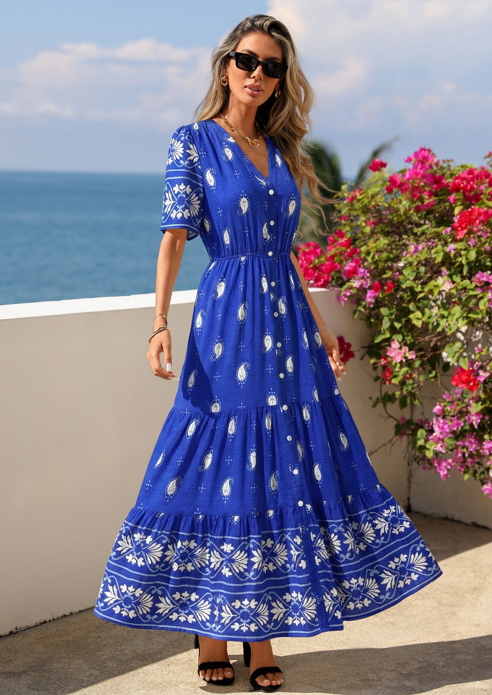 PRETTYGARDEN Womens Summer Boho Maxi Dress Trendy Short Sleeve V Neck Flowy Beach Floral Dresses with Pockets