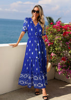 PRETTYGARDEN Womens Summer Boho Maxi Dress Trendy Short Sleeve V Neck Flowy Beach Floral Dresses with Pockets