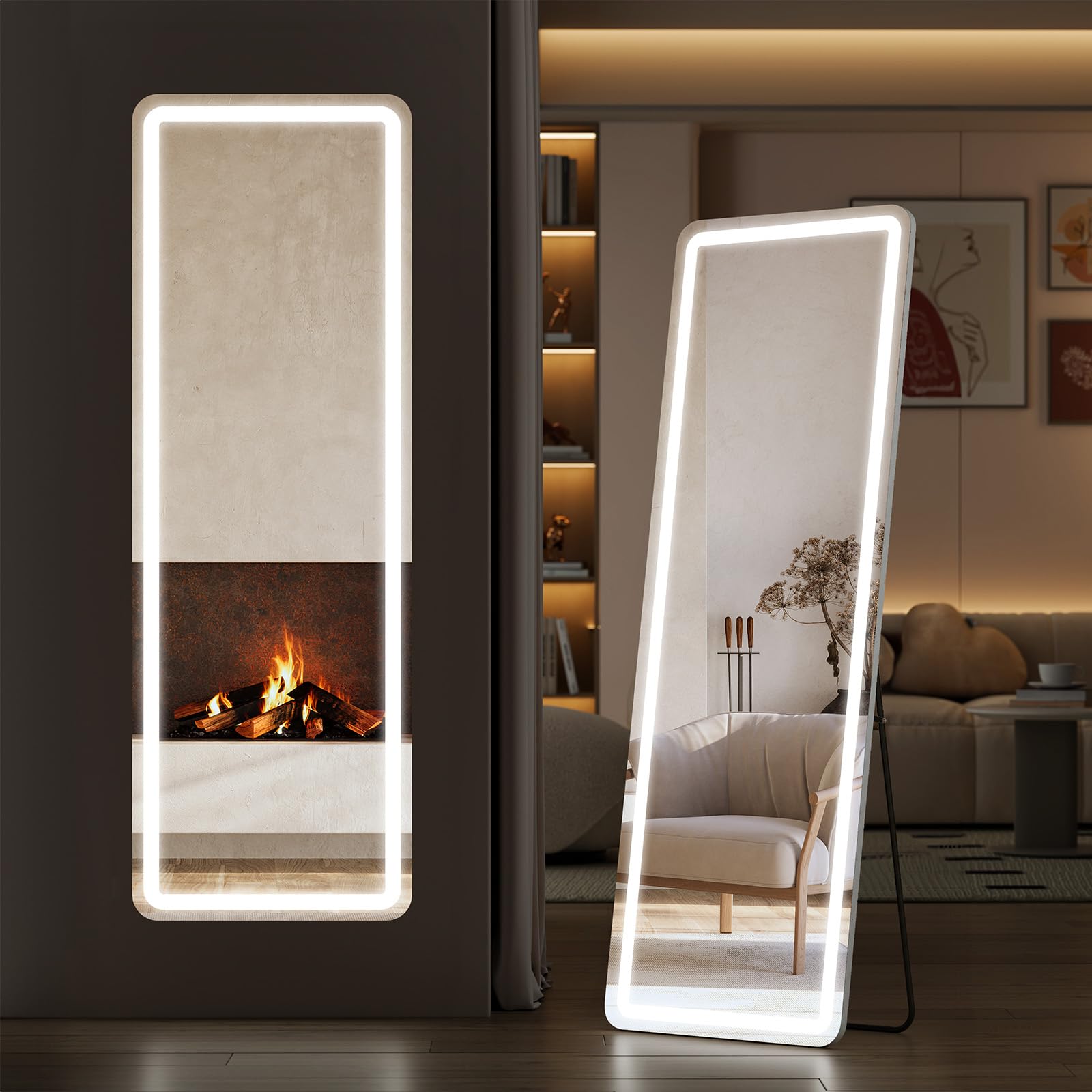 Sweetcrispy Arched Full Length Mirror with LED Lights, 71.3" x26.5 Lighted Floor Mirror with Dimming & 3 Color Lighting, Stand for Bedroom, Dressing Room