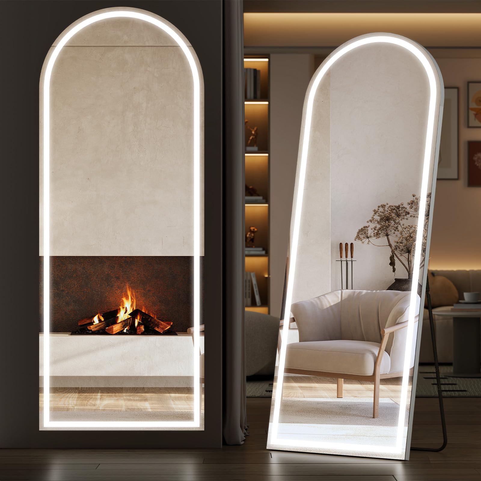 Sweetcrispy Arched Full Length Mirror with LED Lights, 71.3" x26.5 Lighted Floor Mirror with Dimming & 3 Color Lighting, Stand for Bedroom, Dressing Room