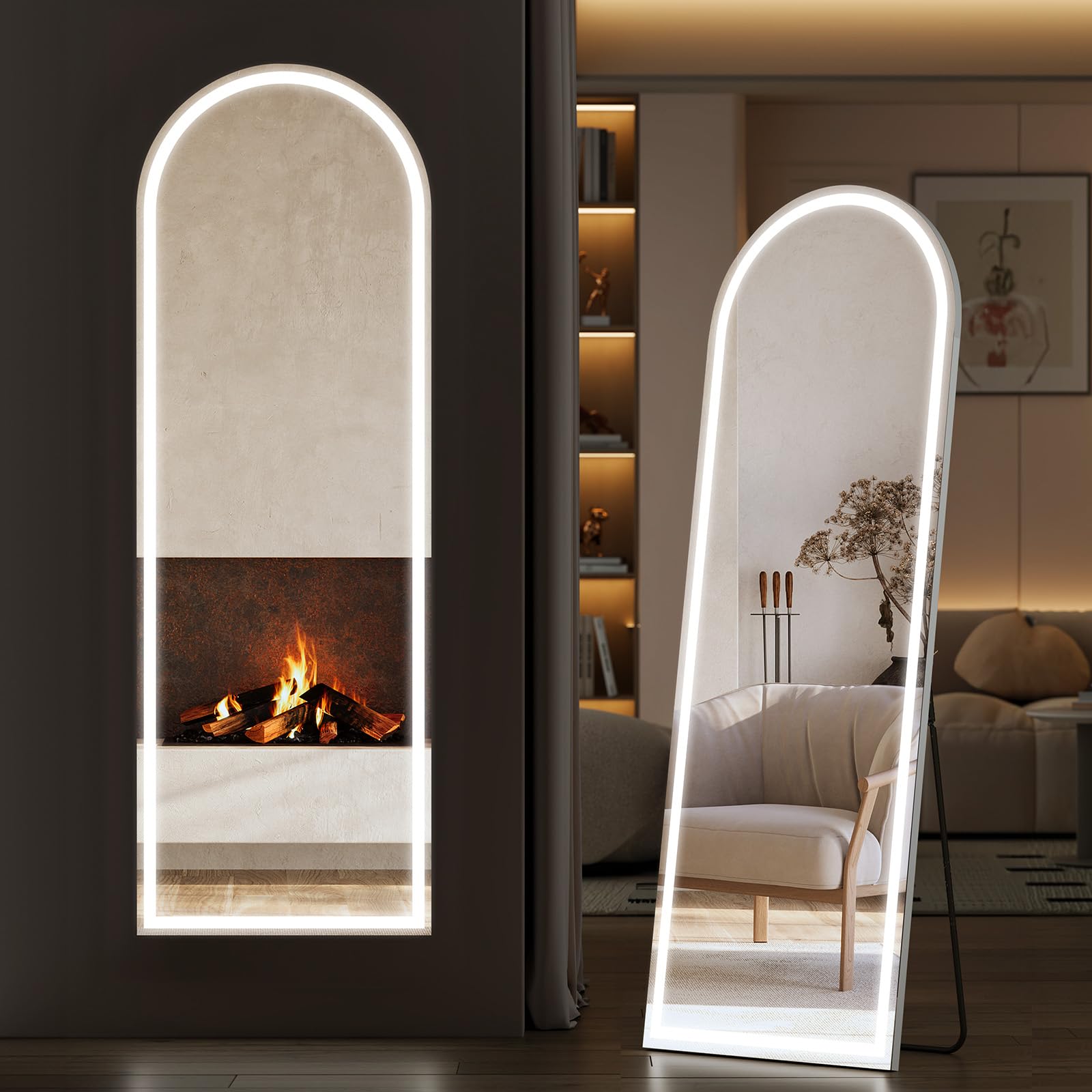 Sweetcrispy Arched Full Length Mirror with LED Lights, 71.3" x26.5 Lighted Floor Mirror with Dimming & 3 Color Lighting, Stand for Bedroom, Dressing Room
