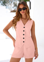 PRETTYGARDEN 2 Piece Sets for Women Spring Fashion Button Vest Tops High Waist Shorts Summer Business Casual Outfits