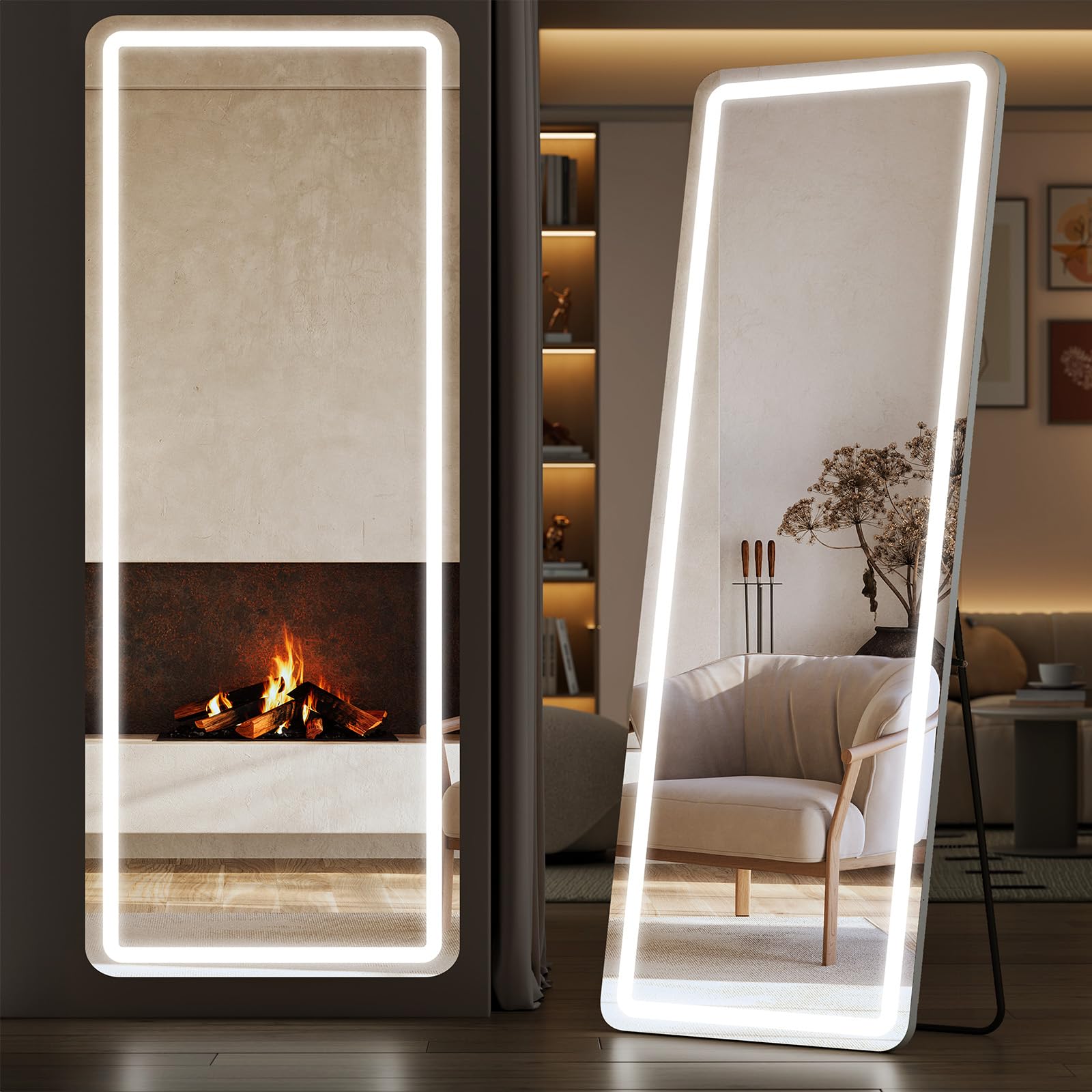 Sweetcrispy Arched Full Length Mirror with LED Lights, 71.3" x26.5 Lighted Floor Mirror with Dimming & 3 Color Lighting, Stand for Bedroom, Dressing Room