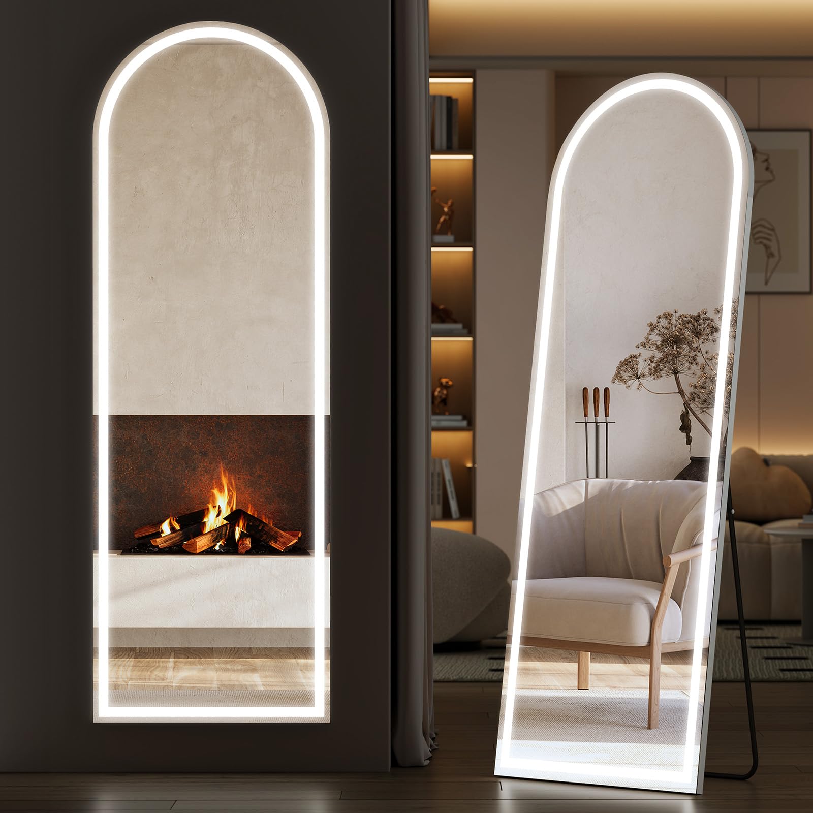 Sweetcrispy Arched Full Length Mirror with LED Lights, 71.3" x26.5 Lighted Floor Mirror with Dimming & 3 Color Lighting, Stand for Bedroom, Dressing Room