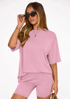 PRETTYGARDEN Women's Two Piece Matching Lounge Sets Summer Casual Tops Short Sleeve Shirts Shorts Travel Airport Outfits