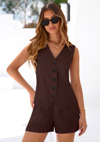 PRETTYGARDEN 2 Piece Sets for Women Spring Fashion Button Vest Tops High Waist Shorts Summer Business Casual Outfits