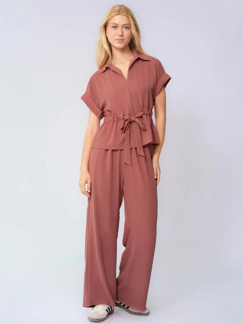 Two-Piece Set Women's Solid Versatile Minimalist Collared Top & Wide Leg Trousers