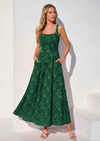 PRETTYGARDEN Womens Summer Maxi Dresses Casual Sleeveless Square Neck Jacquard Flowy Wedding Guest Beach Boho Long Dress