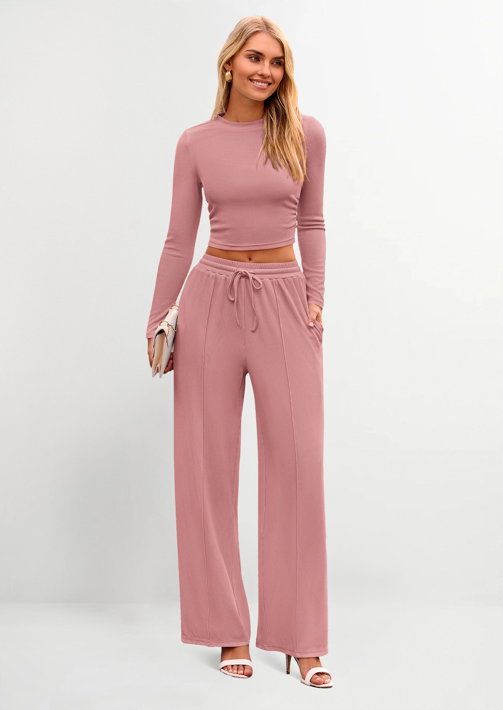 PRETTYGARDEN Women's 2 Piece Loungewear Long Sleeve Crop Top Wide Leg Palazzo Pants Set Tracksuits Casual Outfit