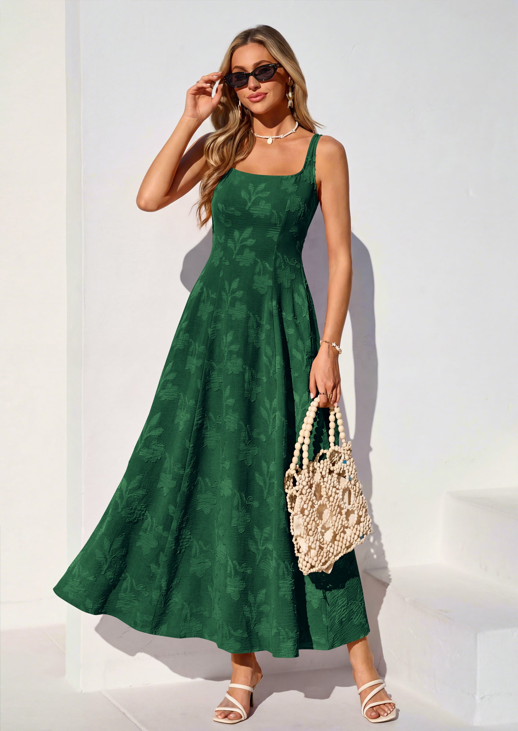 PRETTYGARDEN Womens Summer Maxi Dresses Casual Sleeveless Square Neck Jacquard Flowy Wedding Guest Beach Boho Long Dress